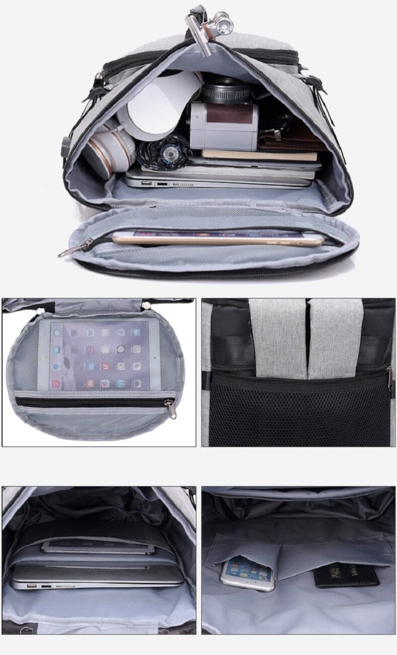 Mochila com compartimento antifurto e para sapatos conectados