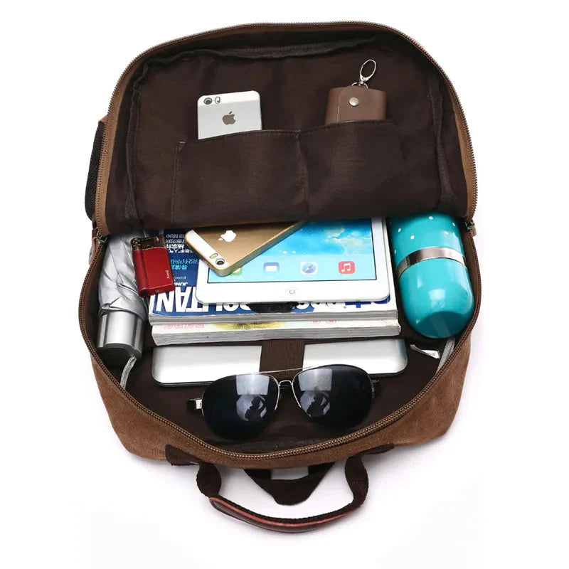 Mochila vintage de lona com vários bolsos