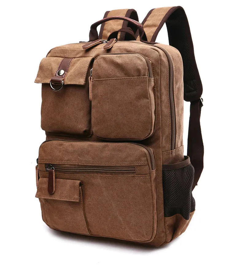 Mochila vintage de lona com vários bolsos