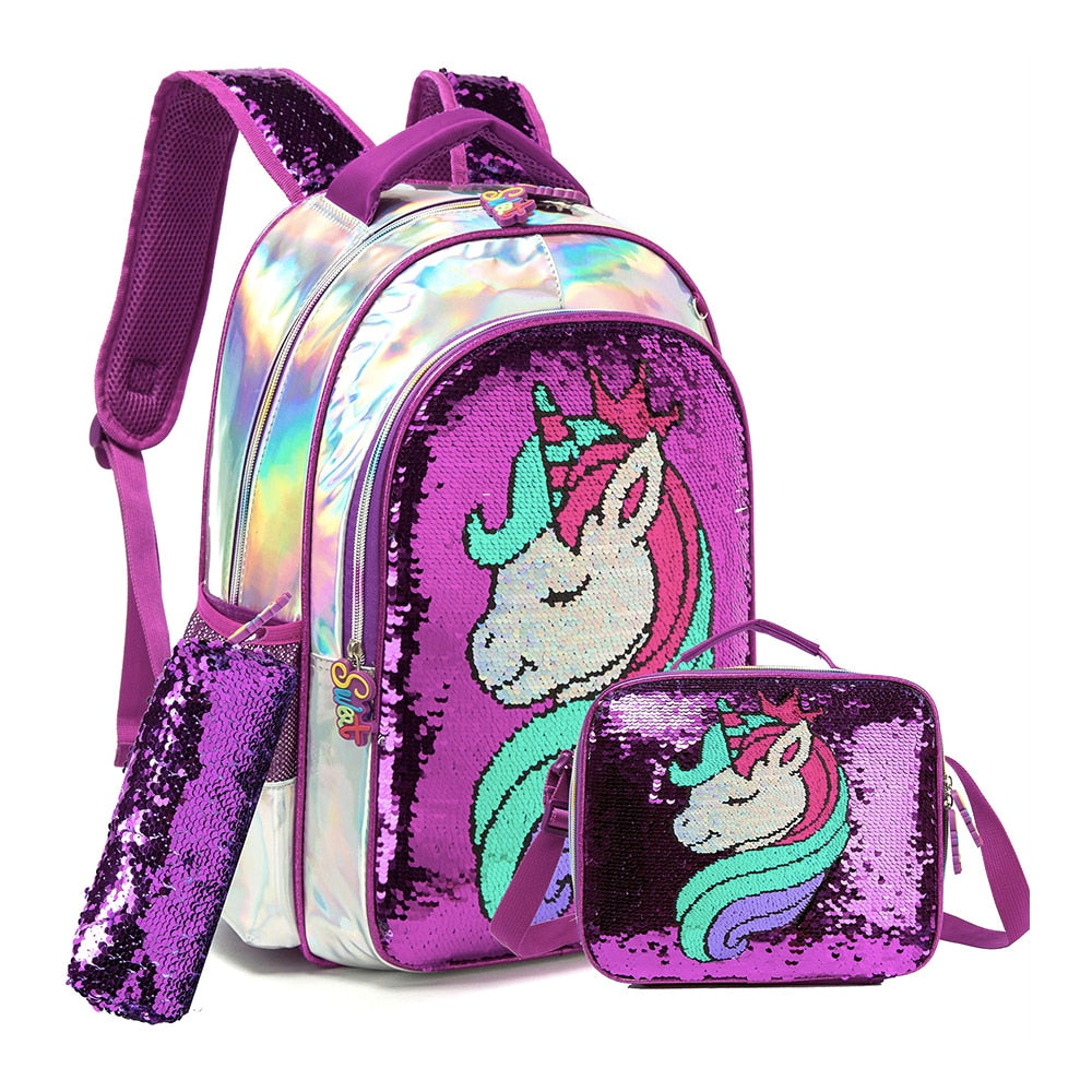 Mochila Escolar Unicórnio Fofo com Estojo e Lancheira